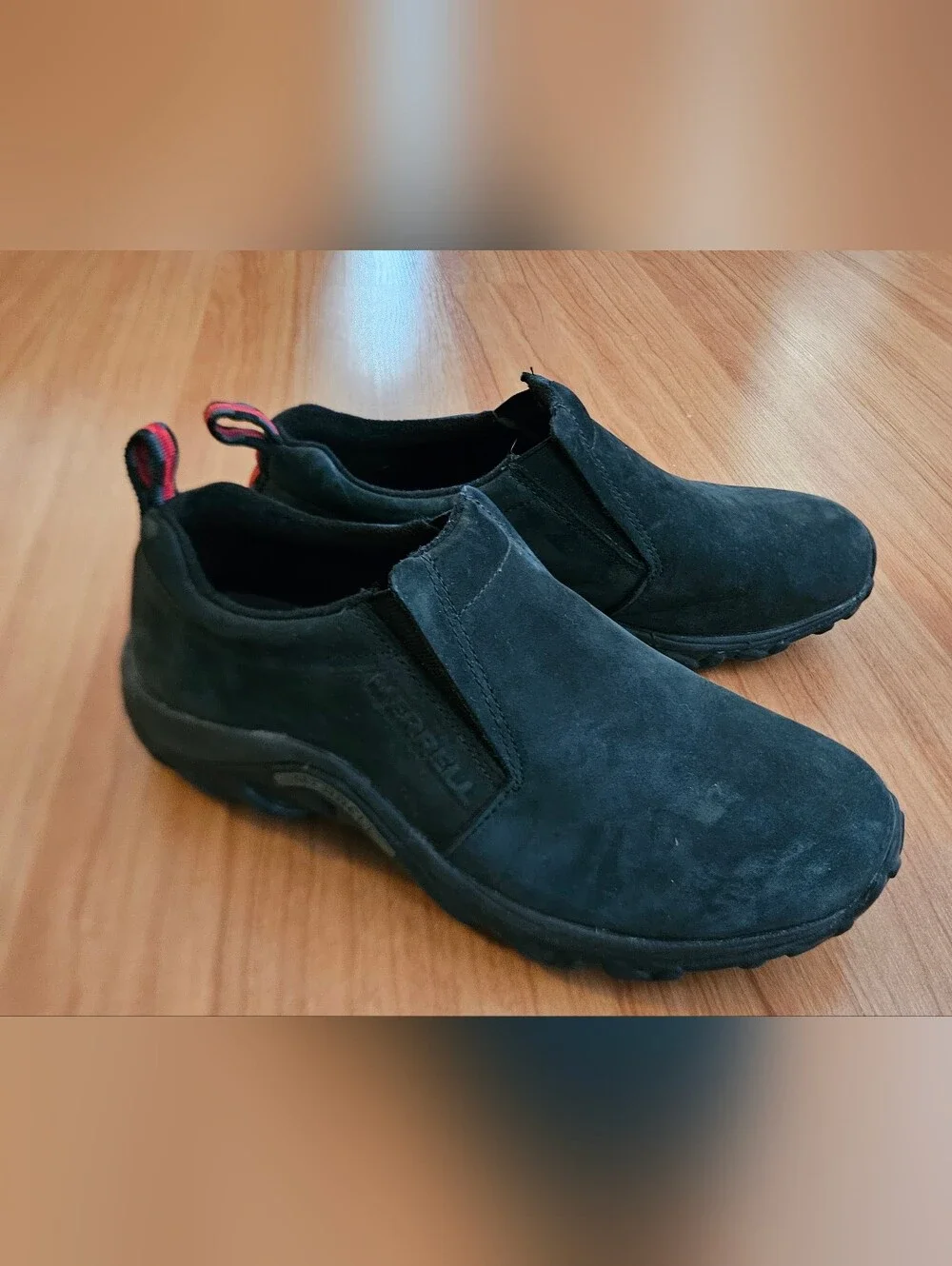 Size 8 Men's Merrell Jungle Moc Black Suede Slip-On Loafers with Red Heel Tabs